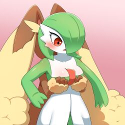 2022 2girls anthro blush breasts brown_body brown_fur bunny_ears bunny_girl female female_only furry gardevoir generation_3_pokemon generation_4_pokemon green_hair holding_breasts humanoid lopunny medium_breasts pokémon_(species) pokemon pokemon_(species) pokemon_dppt pokemon_rse red_eyes simple_background sum tongue white_body yellow_fur yuri