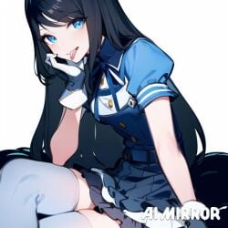 ai_generated ai_translated blue_clothing blue_eyes dark_hair gloves humanized lololowka long_hair perfect_world raya-prime_(perfect_world) smiling_at_viewer stockings tagme