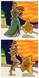 disappearing_clothes embarrassed embarrassed_nude_female enf female female_focus luma mario_(series) mushroom naked naked_female nude nude_female outdoors power_up princess princess_rosalina sqootshy suddenly_naked super_mario_galaxy