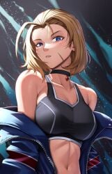 1girls bare_shoulders belly_button big_breasts blonde_hair blue_eyes bob_cut cammy_white choker female female_only fully_clothed looking_at_viewer luxpineapple open_jacket scar short_hair slim_waist solo sports_bra sportswear street_fighter street_fighter_6