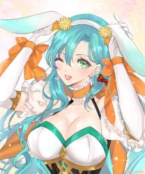 1girls ;d absurdres alternate_costume animal_ears aqua_hair breasts bunny_ears bunny_girl bunnysuit chloe_(fire_emblem) chloe_(spring)_(fire_emblem) choker cleavage easter elbow_gloves eyelashes fake_animal_ears female female female_only fire_emblem fire_emblem_engage fire_emblem_heroes frilled_choker frills gloves green_eyes hair_between_eyes helen_(helen2210hk) highres large_breasts long_hair looking_at_viewer nintendo official_alternate_costume one_eye_closed open_mouth orange_choker puffy_short_sleeves puffy_sleeves rabbit_ears short_sleeves smile solo twitter_username upper_body very_long_hair white_gloves