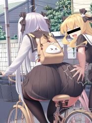 2girls ass bike blonde_hair breasts censored_eyes clothed dat_ass female female_only huge_ass huge_breasts long_hair niliu_chahui original original_character outdoors riding_bicycle school_uniform schoolgirl sisters spanking_ass tokisaki_asaba tokisaki_mio twintails white_hair