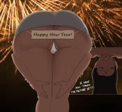 1girls 2024 ass_focus big_ass black_hair brown_eyes dark-skinned_female dialogue gemma_(smo) glasses leaning_forward new_year oc original original_character panties sign smoxul solo white_panties