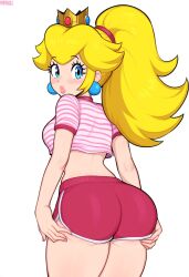 ai_generated ass ass_focus blonde_hair blue_eyes blushing crop_top crown dolphin_shorts earrings grabbing_own_thigh grabbing_thighs light-skinned_female mario_(series) pink_clothing ponytail princess princess_peach shorts tagme