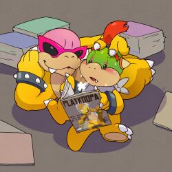 absurd_res argon_vile arm_support balls bandana blush bodily_fluids bowser_jr. bracelet breath erection eyelid_pull eyewear gay genitals hammer_bros. hand_on_head hi_res jewelry kerchief koopa koopaling leaning_on_elbow looking_at_porn lying magazine male male/male mario_(series) nintendo on_back on_side penis pornography presenting raised_leg reading reading_magazine roy_koopa scalie sitting size_difference spiked_bracelet spikes sunglasses sweat