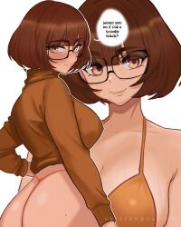 1girls absurd_res ass blush bra breasts brown_eyes brown_hair datli64 dialogue english_text eyewear female female_focus female_only freckles glasses hanna-barbera hi_res large_ass large_breasts long_sleeves looking_at_viewer mole mole_on_ass nerd nerdy_female pale-skinned_female pale_skin scooby-doo short_hair smile solo solo_female solo_focus sweat sweatdrop sweater text text_bubble thong turtleneck underwear vein veiny_breasts velma_dinkley warner_brothers white_background