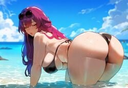 1girls ai_generated artstyle_imitation ass beach breasts dat_ass female floox hi_res high_resolution honkai:_star_rail honkai_(series) huge_ass kafka_(honkai:_star_rail) large_breasts light-skinned_female light_skin long_hair naughty_face outdoors purple_eyes purple_hair smile stable_diffusion thiccwithaq_(ai_style) voluptuous