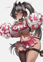 bay_(nikke) blush cheerleader cheerleader_uniform clenched_teeth endurance goddess_of_victory:_nikke korean_text pom_poms spoken_heart text thong_straps vibrator vibrator_in_pussy vibrator_in_thighhighs weaselpot