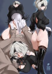 1boy ass back_cutout bar_censor black_blindfold black_hairband black_thighhighs blindfold boots breasts censored clothing_aside clothing_cutout commander_(nikke) covered_eyes covered_navel cowgirl_position crossover english_commentary fellatio female goddess_of_victory:_nikke grey_hair hairband highres juliet_sleeves large_breasts leotard leotard_aside long_sleeves mole mole_under_mouth mosaic_censoring multiple_views nier:_automata nier_(series) noriko_(ni_noriko) oral penis puffy_sleeves sex short_hair straddling straight testicles thigh_boots thighhighs thighhighs_under_boots tongue tongue_out yorha_2b