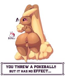 amailemon anthro anus ass big_anus big_butt big_ears black_sclera blonde_hair blush brown_body brown_fur brown_tail butt_focus curvy_figure female fur generation_4_pokemon genitals hair hi_res looking_at_viewer looking_back lopunny nintendo onomatopoeia pink_eyes pokeball pokemon pokemon_(species) pussy simple_background solo sound_effects surprise surprised_expression tail text thick_thighs wide_hips