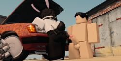 1boy 1girls 3d ass balls car clothed_female dusty_trip lowres myrealdamage nude_male outside penis roblox roblox_avatar roblox_game robloxian tagme