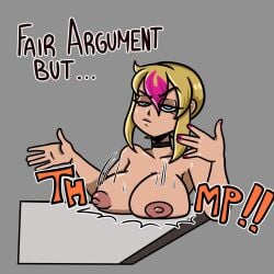 blonde_hair breasts breasts breasts eyelashes fair_argument_but… large_breasts lipstick meme original_character pink_fingernails sqootshy table thump