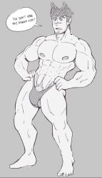 1boy abs balls bara beard_stubble biceps big_balls big_bulge big_penis bulge fenrir_(wolfshirtart) flaccid male male_nipples male_only monochrome muscular_male nipples pecs penis penis_outline solo solo_male thong twitter_user_oc underwear werewolf wolfshirtart