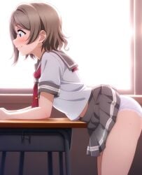 ai_generated ass ass_focus blue_eyes brown_hair female from_behind love_live! love_live!_sunshine!! panties school_uniform schoolgirl serafuku short_hair watanabe_you