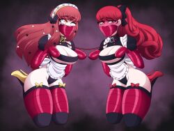 2girls bearbuckscoffee bondage bound cleavage crossover facial_tattoo female female_only femsub fire_emblem fire_emblem_engage gag high_heels kasumi_yoshizawa large_breasts long_hair maid multiple_girls multiple_subs nintendo one_eye_closed orange_eyes persona persona_5 ponytail red_eyes red_hair restrained star_(symbol) tattoo voice_actor_connection wink yunaka_(fire_emblem)