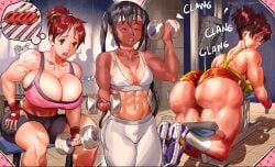 3girls alternate_breast_size azusa_nakano_(k-on!) big_butt black_hair brown_hair butt dumbbell female female_only gym huge_breasts huge_butt human jun_suzuki_(k-on!) k-on! keigi_(artist) large_butt multiple_girls muscular muscular_female six_pack sweat sweating sweaty_butt ui_hirasawa_(k-on!) working_out workout_clothes