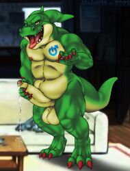 1boy anthro anthro_only chubby digimon dinosaur dragon foreskin mainnm-e male male_only muscular oc precum scaley solo teasing thick