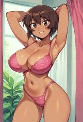 ai_generated arched_back arms_behind_head azumanga_daiou big_breasts bra breasts brown_hair confident dark-skinned_female gastkeser82 kagura_(azumanga_daiou) large_breasts leaning legs_apart looking_at_viewer navel panties parted_lips petite petite_body pink_bra pink_panties short_hair smile stomach thick_thighs thighs