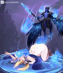 aeliana aeliana_(artist) dick dota dota_2 fantasy feathers harpie_lady harpy magic male skywrath_mage vengeful_spirit wings