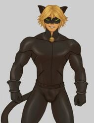 1boy 2020 adrien_agreste bara barazoku blonde_hair bulge cat_noir chat_noir clothing looking_at_viewer male male_only miraculous_ladybug muscular_male penis_outline spacebaddy tight_clothing