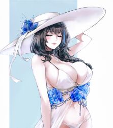 bikini black_hair blue_flower blue_hair blush braid breasts cleavage closed_eyes earrings english_commentary female flower goddess_of_victory:_nikke hair_over_shoulder hand_on_headwear hat hat_flower highres jewelry large_breasts large_hat lips long_hair mary_(bay_goddess)_(nikke) mary_(nikke) multicolored_hair navel necklace nvalkyrja official_alternate_costume parted_lips smile solo streaked_hair sun_hat swimsuit swimsuit_cover-up white_bikini white_hat