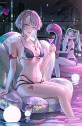 2girls air_kiss balloon bikini cleavage cocktail cybernetics cyberpunk:_edgerunners green_hair heart inflatable inflatable_chair inflatable_flamingo inflatable_toy legs light-skinned_female light_skin lucyna_kushinada pool rebecca_(edgerunners) slim_figure tamaji twintails white_hair