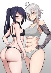 2girls abs absurdres ahoge ass black_bra black_hair black_panties blush bra breasts brown_eyes calvin_klein calvin_klein_underwear cleavage cyborg dana_zane grey_background grey_bra grey_hair grey_panties hands_on_own_hips highres jill_stingray julianne_stingray katsuragi_nantoka large_breasts long_hair mechanical_arms multiple_girls muscular muscular_female navel panties product_placement prosthesis prosthetic_arm red_eyes science_fiction short_hair simple_background single_mechanical_arm small_breasts stomach thighs thong toned twintails underwear underwear_only underwear_writing va-11_hall-a