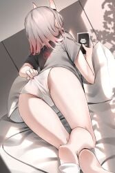 1girls artist_request ass ass_focus bent_over black_shirt gradient_hair grey_hair holding_phone hololive hololive_gen_2 hololive_japan multicolored_hair nakiri_ayame no_pants oni oni_horns panties panty_pull red_hair short_sleeves smartphone solo virtual_youtuber white_panties