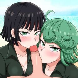 1boy 2girls beach big_penis black_hair blush collaborative_fellatio cooperative_fellatio double_fellatio fellatio female female_focus ffm_threesome fubuki_(one-punch_man) green_eyes green_hair looking_at_viewer multiple_girls ocean one-punch_man penis satsufumi sisters straight sucking sucking_penis tatsumaki teamwork threesome