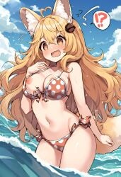 !? ahoge ai_generated animal_ear_fluff bare_shoulders bikini blonde_hair blue_sky breasts brown_eyes cloud cloudy_sky embarrassed embarrassed_female female flying_sweatdrops fox_girl kaffi_taru long_hair medium_breasts nipples open_mouth polka_dot polka_dot_swimsuit sky solo tail water waves