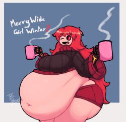 1girls ass belly big_ass breasts female ghornyb huge_belly red_eyes red_hair scarlet_(ghornyb) sweater text thighs