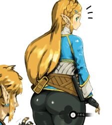 1boy 1girls 2020 ass bag big_ass black_gloves blonde_hair blue_shirt braid breath_of_the_wild clothed clothing female female_focus fingerless_gloves french_braid gameplay_mechanics gloves green_eyes highres hylian japanese_text link link_(breath_of_the_wild) long_ears long_hair looking_at_another looking_back male nintendo pants petitdry pointy_ears princess_zelda sheikah_slate shirt simple_background standing sweat text the_legend_of_zelda tied_hair tight_clothing tight_pants translated unseen_male_face very_long_hair white_background wide_hips zelda_(breath_of_the_wild)