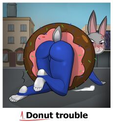 anthro ass bodily_fluids butt_focus city city_background clothed clothing croqs crying defeated disney embarrassed embrace feet female food foot_fetish fur grey_body grey_fur hi_res judy_hopps judy_stuck_in_donut_redraw kneeling lagomorph leporid mammal paws public rabbit solo tears text zootopia