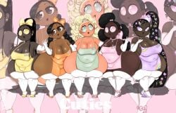 adorable apron_only bea_(nahajjagun) bianca_(nahajjagun) bow chichi_(nahajjagun) cute cuties_(nahajjagun) dark-skinned_female ebony evah_(nahajjagun) high_heels long_hair nahajjagun pastel short_stack shortstack thick_thighs thigh_socks trixie_(nahajjagun) waitress