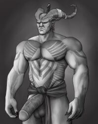 1boy 2021 arishok balls bara barazoku dragon_age dragon_age_2 male male_nipples male_only monochrome muscular_male nipples penis qunari spacebaddy