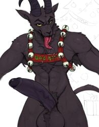 anthro balls bell bell_harness big_balls big_penis black_body black_fur black_penis bovid caprine caprine_demon christmas demon front_view fur genitals goat goat_demon harness hi_res holidays horn humanoid_genitalia humanoid_penis jingle_bell jingle_bell_harness krampus long_tongue looking_at_viewer male male_only mammal muscular muscular_anthro muscular_male penis solo tongue tongue_out xerun yellow_eyes