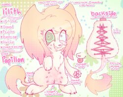 2024 bipedal_feral bow_(feature) canid canine canis character_name domestic_dog english_text eunuch female feral feral_with_hair furgonomics furry furry-specific_piercing hair heart_symbol hi_res klbblez mammal model_sheet nipples papillon piercing pink_nose pink_text pink_tongue pronouns semi-anthro shaved_fur smile smirk solo spayed spiral_eyes stitch_(sewing) tail tail_piercing text tongue tongue_out toy_dog