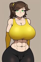 abs ai_generated black_pants brown_hair green_eyes huge_breasts latex_gloves mostly_clothed nur_valmy ponytail yellow_shirt