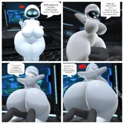 1boy 1robot_girl 3d ass_expansion big_ass big_breasts black_body blue_eyes breast_expansion eve_(wall-e) face_in_ass massive_ass robot robot_girl sitting_on_person wall-e white_body