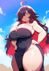 ai_generated amber_eyes ameanon black_dress dark_hair female large_breasts sorceress sorceress_sophia thick_thighs two_tone_hair villainess witch