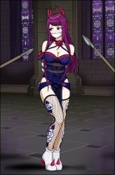 1girls arms_behind_back bangs bare_shoulders bare_thighs bondage bound bound_arms bound_wrists breasts cleavage collarbone dress elbow_gloves female female_only femsub fire_emblem fire_emblem_engage fishnet_legwear fishnets full_body gloves hair_ornament high_heels indoors ivy_(fire_emblem) just_some_guy large_breasts long_hair nintendo pelvic_curtain pink_eyes purple_hair restrained rope shoulders side_slit solo spear standing thighhighs thighs threatening very_long_hair weapon window