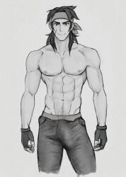 1boy bara barazoku big_bulge bulge clothing erection_under_clothes keith_kogane looking_at_viewer male male_nipples male_only male_pubic_hair manly mature_male monochrome muscular muscular_male nipples penis_outline solo spacebaddy tight_clothing voltron voltron:_legendary_defender