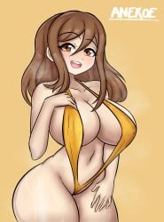 1girls absurd_res alternate_version_available anekoe98 artist_name big_breasts bikini breasts brown_eyes brown_hair female female_focus female_only heavy_breathing hi_res kunikida_hanamaru large_breasts long_hair looking_at_viewer love_live! love_live!_sunshine!! open_mouth simple_background smile solo solo_female solo_focus swimsuit thick_thighs thighs voluptuous wet yellow_background