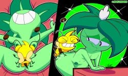 2025 antennae_(anatomy) anthro anus arthropod ass balls bee blibby_(jdone) breasts digital_media_(artwork) duo electronic_arts elemental_creature elemental_humanoid eyelashes female flora_fauna genitals googie_aesthetic green_body green_hair green_nipples hair hi_res humanoid hymenopteran insects jdone male male/female navel nipples nude penetration plant plant_humanoid plants_vs._zombies popcap_games pubes pussy sex simple_background size_difference smile umbrella_leaf_(pvz) umi_(jdone) white_eyes yellow_body