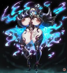 black_lipstick blue_hair chains flames high_heel_boots high_heels hourglass_figure nun nun's_habit nun_outfit ohweep simple_background