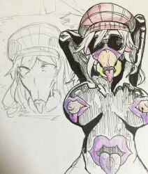 absurdres alisa_ilinichina_amiella body_modification cabbie_hat fellatian femsub god_eater hat latex monster_girl mouth_nipples nightmare_fuel punitofu short_hair sketch solo tongue tongue_out traditional transformation