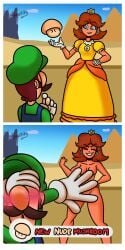 embarrassed embarrassed_male female female_focus luigi mario_(series) mushroom naked naked_female nude nude_female power_up princess princess_daisy sqootshy super_mario_land