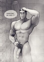 1boy balls bara barazoku big_balls big_penis completely_nude completely_nude_male daddy dialogue english_text male male_nipples male_only male_pubic_hair manly mature_male monochrome muscular_male nipples nude penis scar spacebaddy takashi_shirogane text voltron voltron:_legendary_defender wet