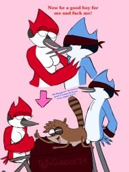 1girls 2boys anal anal_sex animal_genitalia animal_penis belly_bulge bird blindfold blindfolded_male breasts dubious_consent female furry gay handcuffs male male_focus margaret_smith_(regular_show) mordecai_(regular_show) penetration raccoon regular_show rigby_(regular_show) stomach_bulge