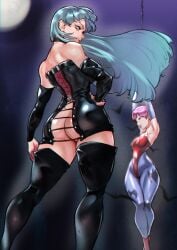 2girls alternate_costume arms_above_head ass ass_focus back back_view bare_shoulders bat_print big_ass big_breasts big_butt black_choker blue_eyes bondage boots captured chained chained_up chains choker closed_eyes clothed clothing color curvaceous curvy curvy_female curvy_figure darkstalkers dominant_female exposed_ass female female_focus female_only femdom femsub green_hair hand_on_hip hi_res hourglass_figure juaagacgy kyuuakaku large_breasts leather leotard light-skinned_female light_skin lilith_aensland long_hair looking_at_viewer looking_back moon morrigan_aensland multiple_girls night no_panties pantyhose petite pink_hair prisoner purple_hair questionable_consent restrained shiny_skin short_hair siblings sisters slim_waist small_breasts standing submissive_female succubus thick thick_ass thick_thighs thigh_boots thighhighs thin_waist tight_clothing victory_pose